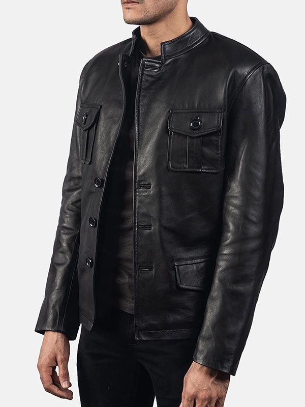 Mens-Flap-Pockets-Classic-Black-Leather-Jacket