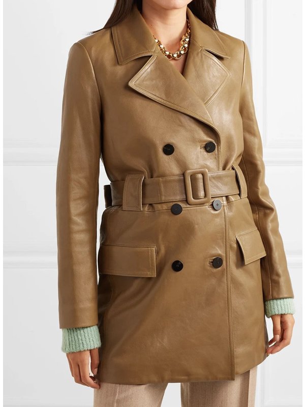 The-Flight-Attendant-Kaley-Cuoco-Brown-Leather-Coat