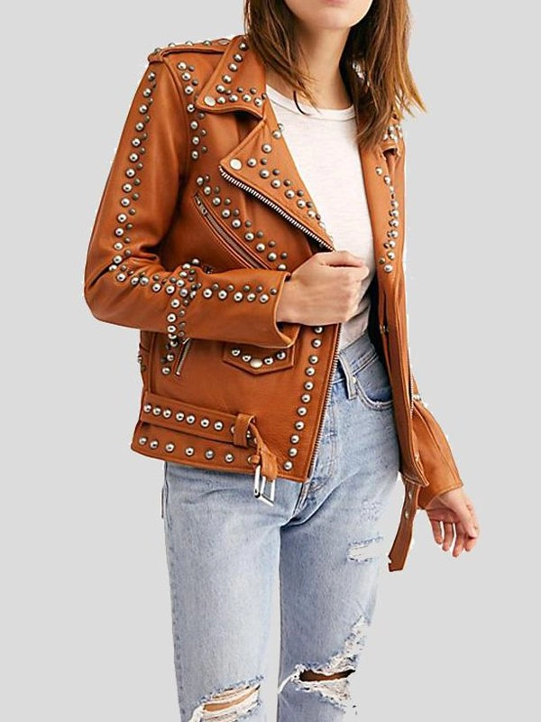 Womens-Moto-Biker-Brown-Studded-Leather-Jacket