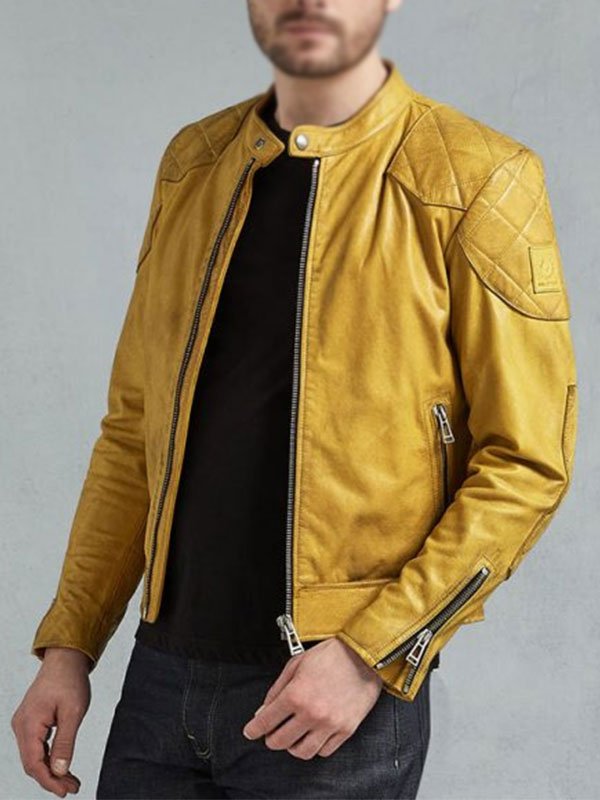 Mens Café Racer Yellow Leather Biker Jacket Stars Jackets