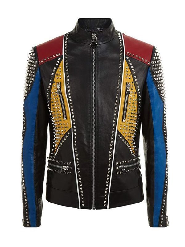 Mens-Studded-Slimfit-Multicolor-Leather-Jacket