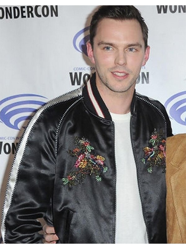 Nicholas-Hoult-J.-R.-R.-Tolkien-Flower-Patch-Black-Bomber-Jacket Nicholas-Hoult-J.-R.-R.-Tolkien-Flower-Patch-Black-Bomber-Jacket