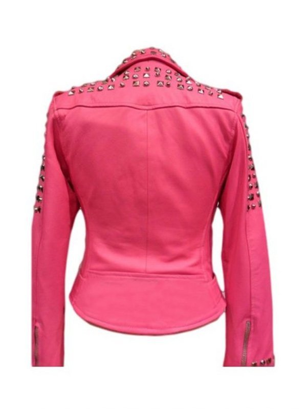 Womens-Golden-Studded-Pink-Biker-Leather-Jacket
