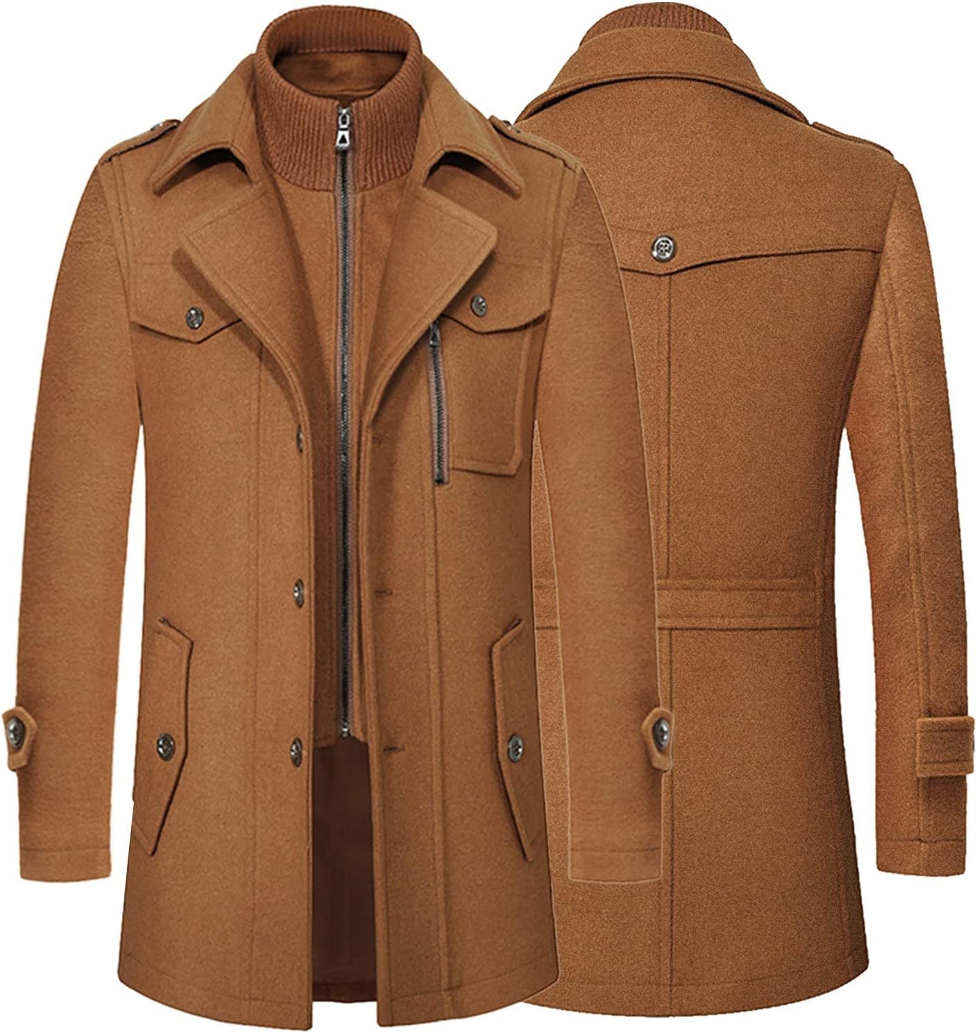 Chouyatou Men's Gentle Layered Collar Single Breasted Quilted Lined Wool Blend Pea Coats