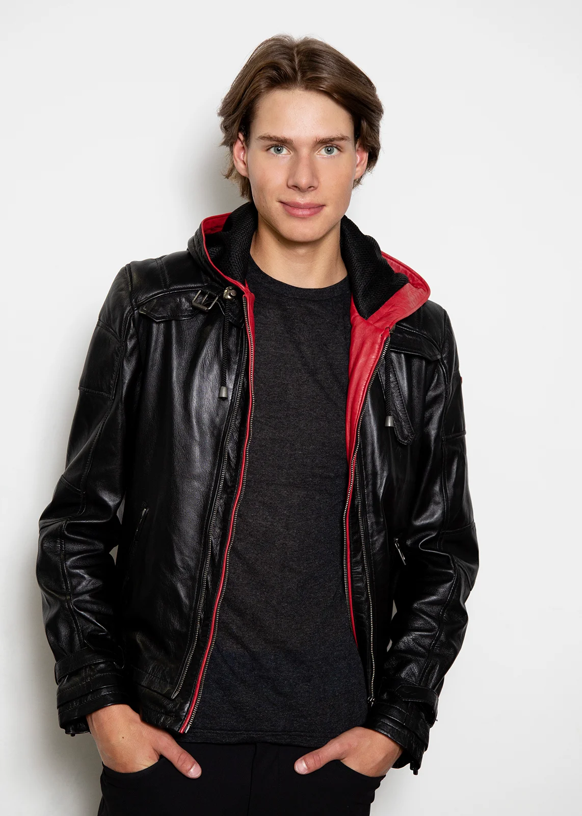 Mens Black & Red Hooded Leather Jacket – Limited Edition