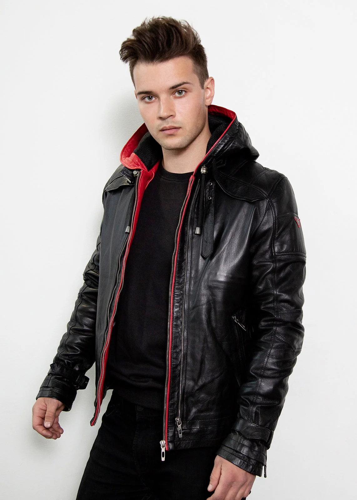 Mens Black & Red Hooded Leather Jacket – Limited Edition