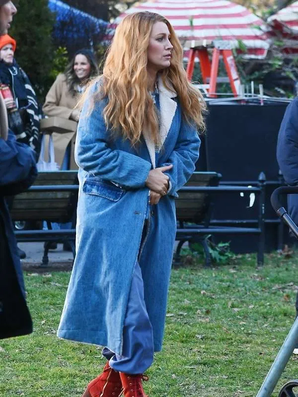 Blake Lively It Ends with Us Blue Shearling Coat