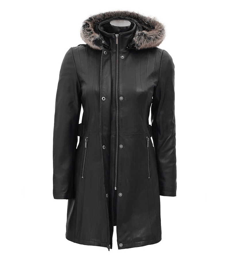 Black Leather Hooded Shearling Coat