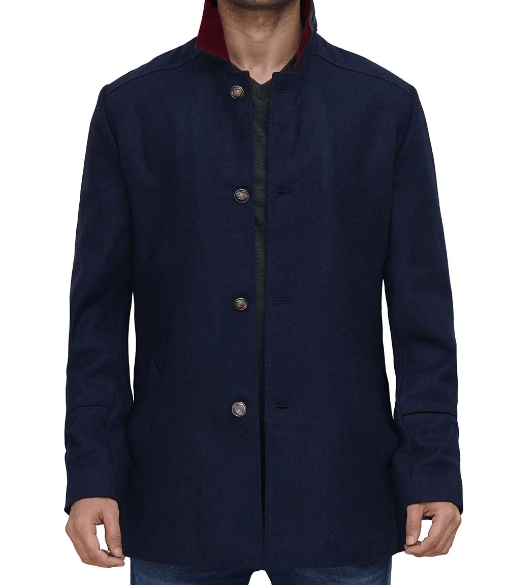 Men's Navy Blue Modern Fit Wool Coat