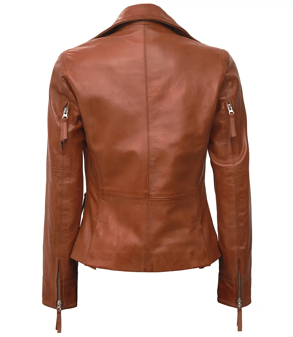 Ramsey Women’s Asymmetrical Tan Motorcycle Leather Jacket (1)