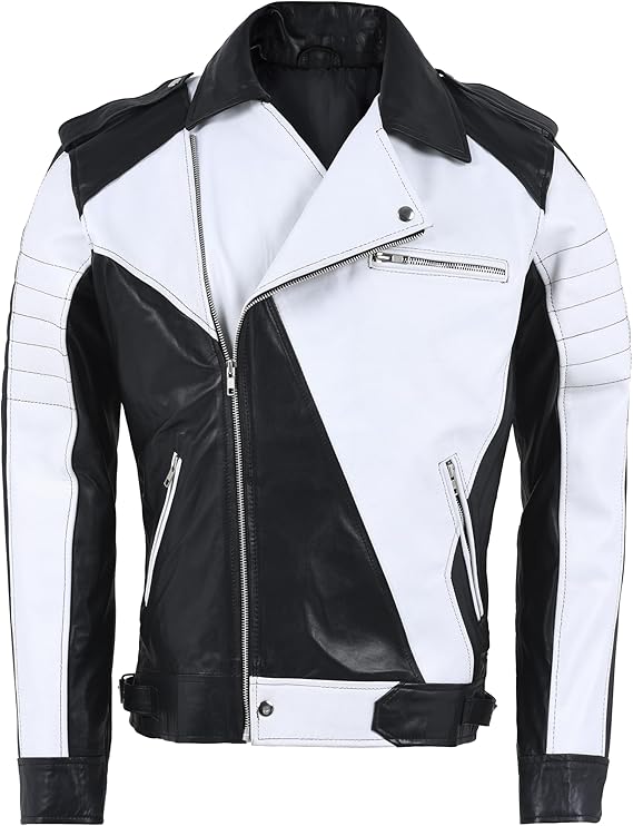 Black And White Men Biker Leather Jacket