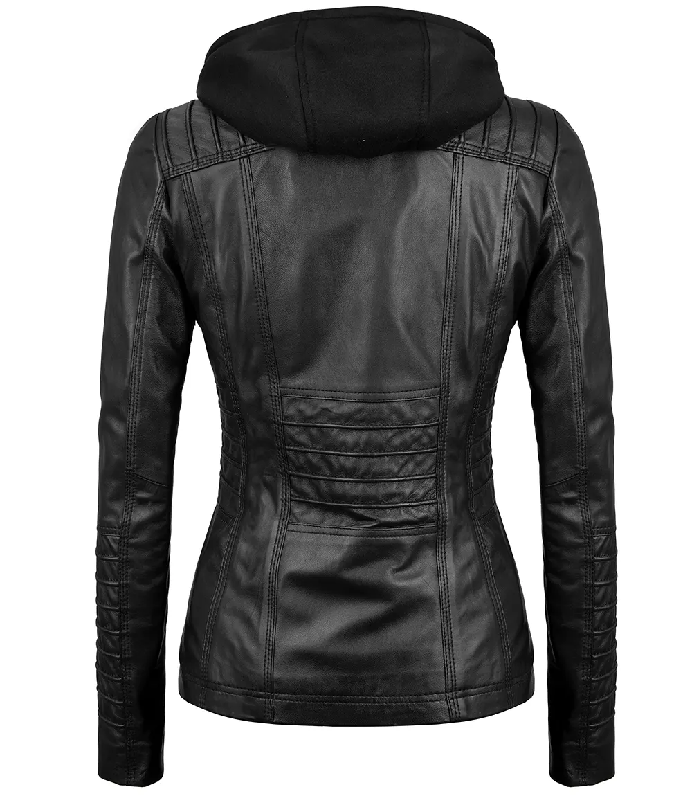 Women’s Black Leather Jacket With Removable Hood (1)