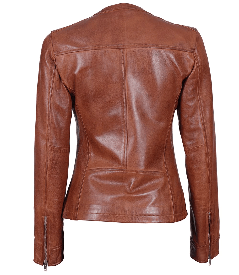 Brown Womens Textured Leather Racer Jacket (2)