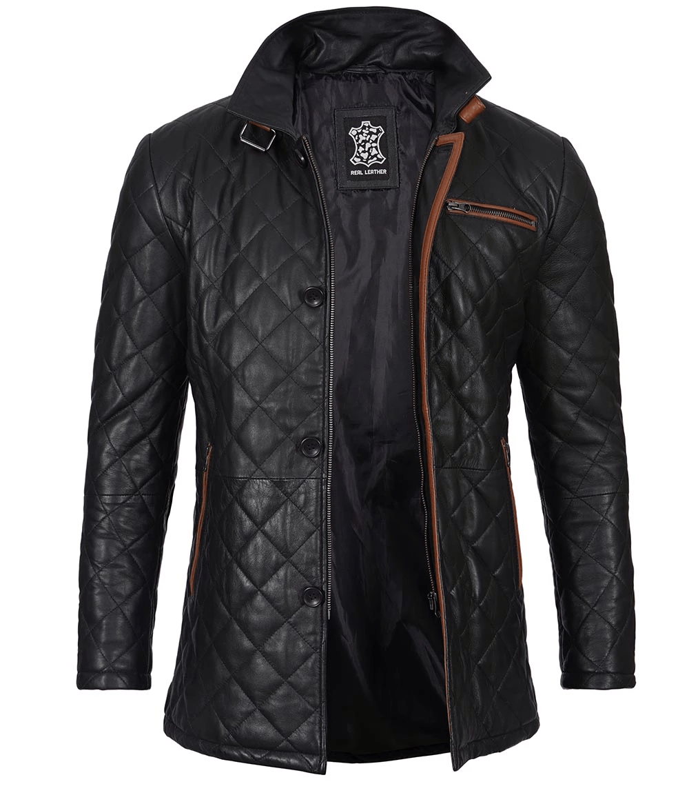 Glen Men Black Quilted Leather Coat