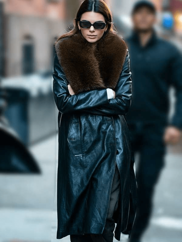 Kendall Jenner Black Leather Trench Coat