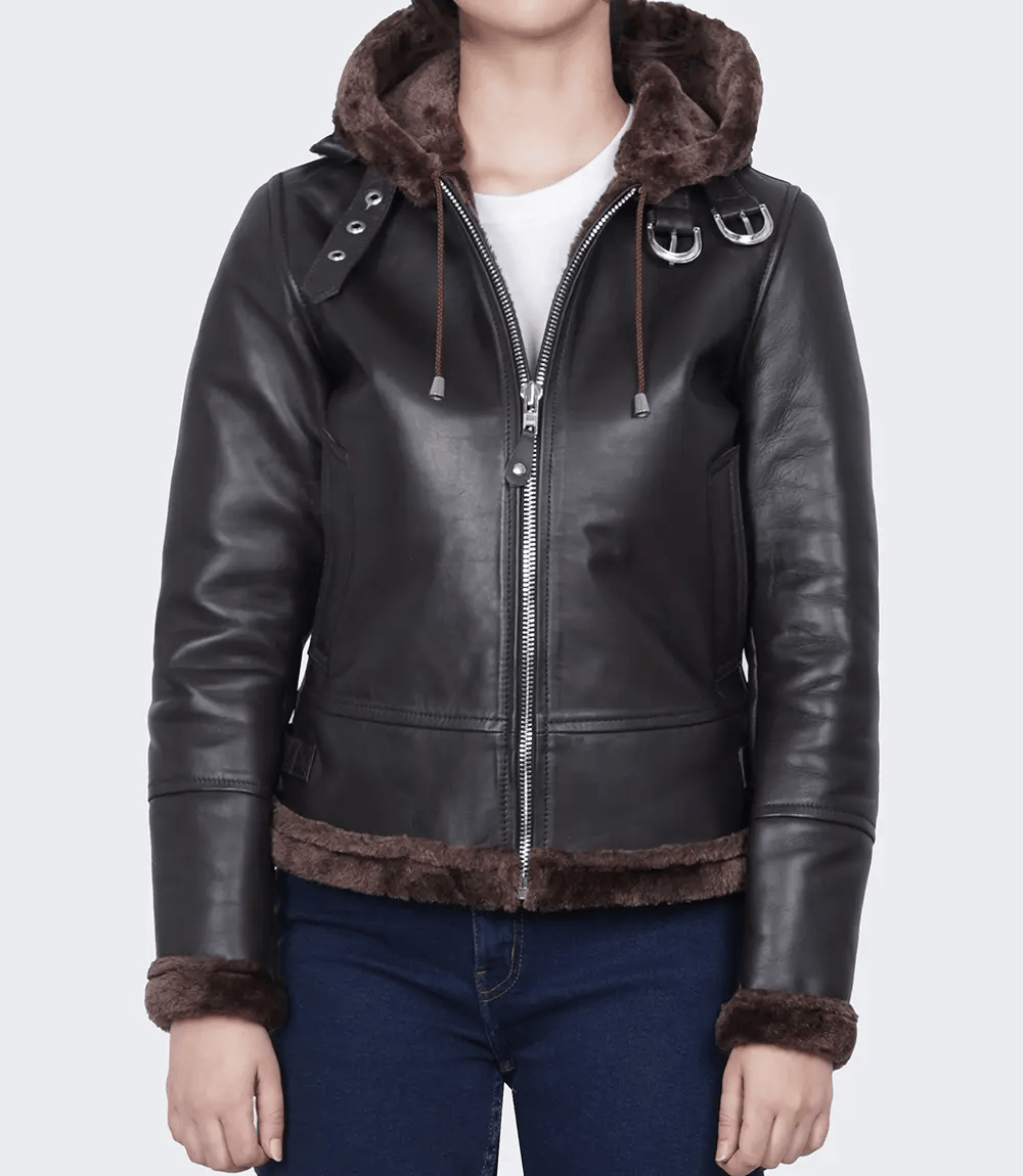 Women's Leather Hooded Shearling Jacket