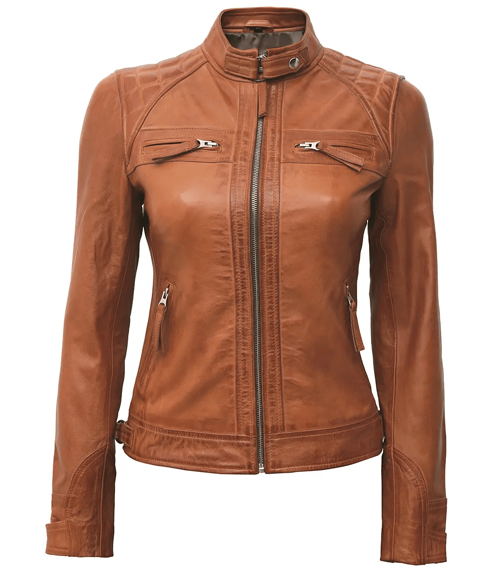 Women's Tan Cafe Racer Real Leather Jacket