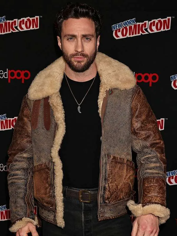 Aaron Taylor-Johnson Comic Con 2024 Shearling Leather Jacket (1)