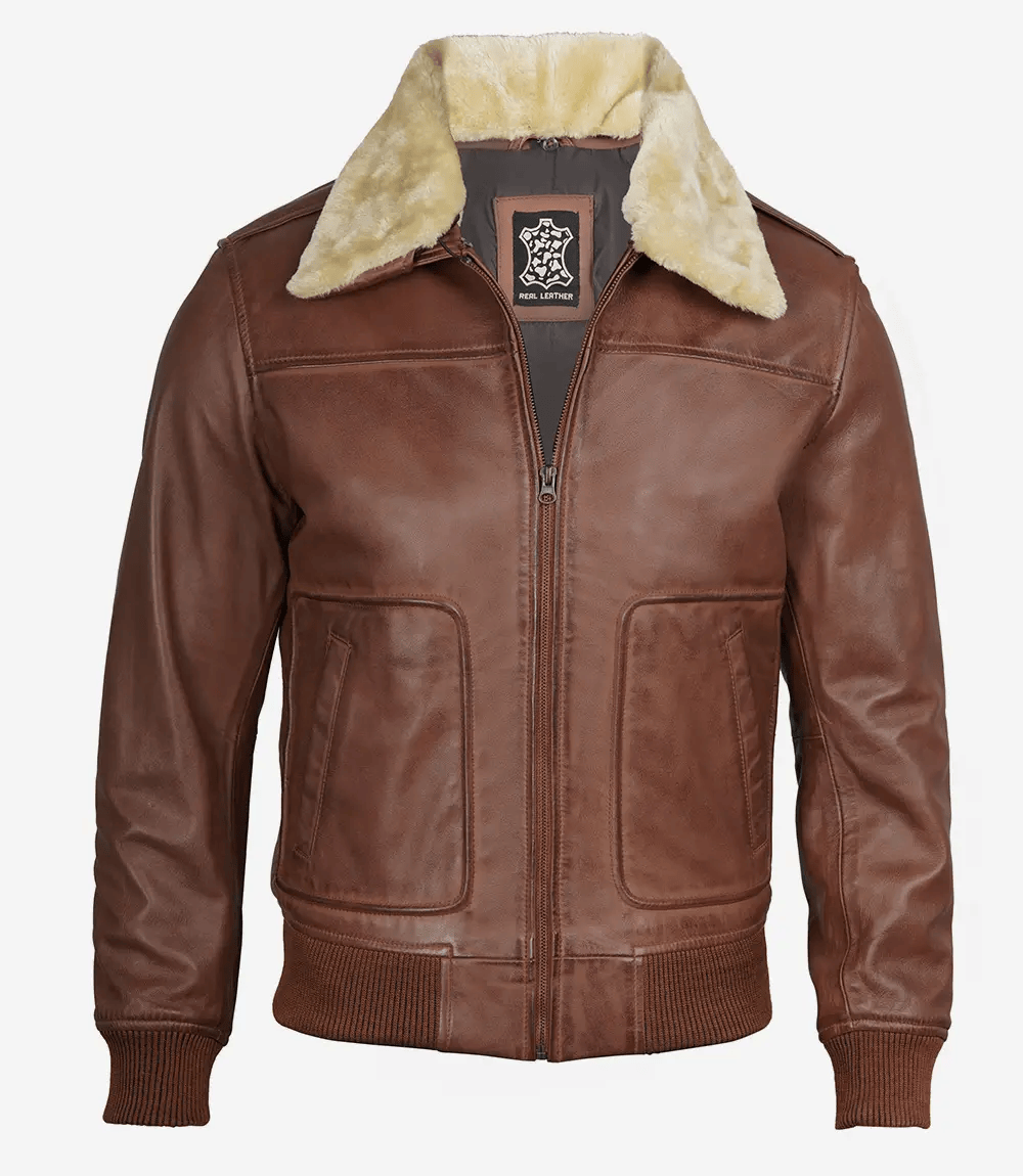Garrett Fur Collar Cognac Bomber Leather Jacket