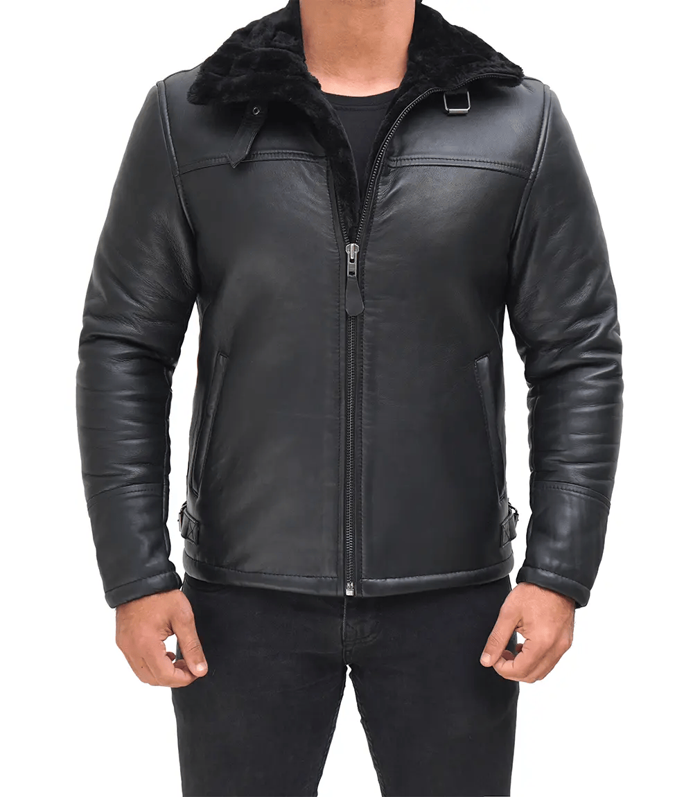 Men's Black Shearling Leather Bomber Jacket