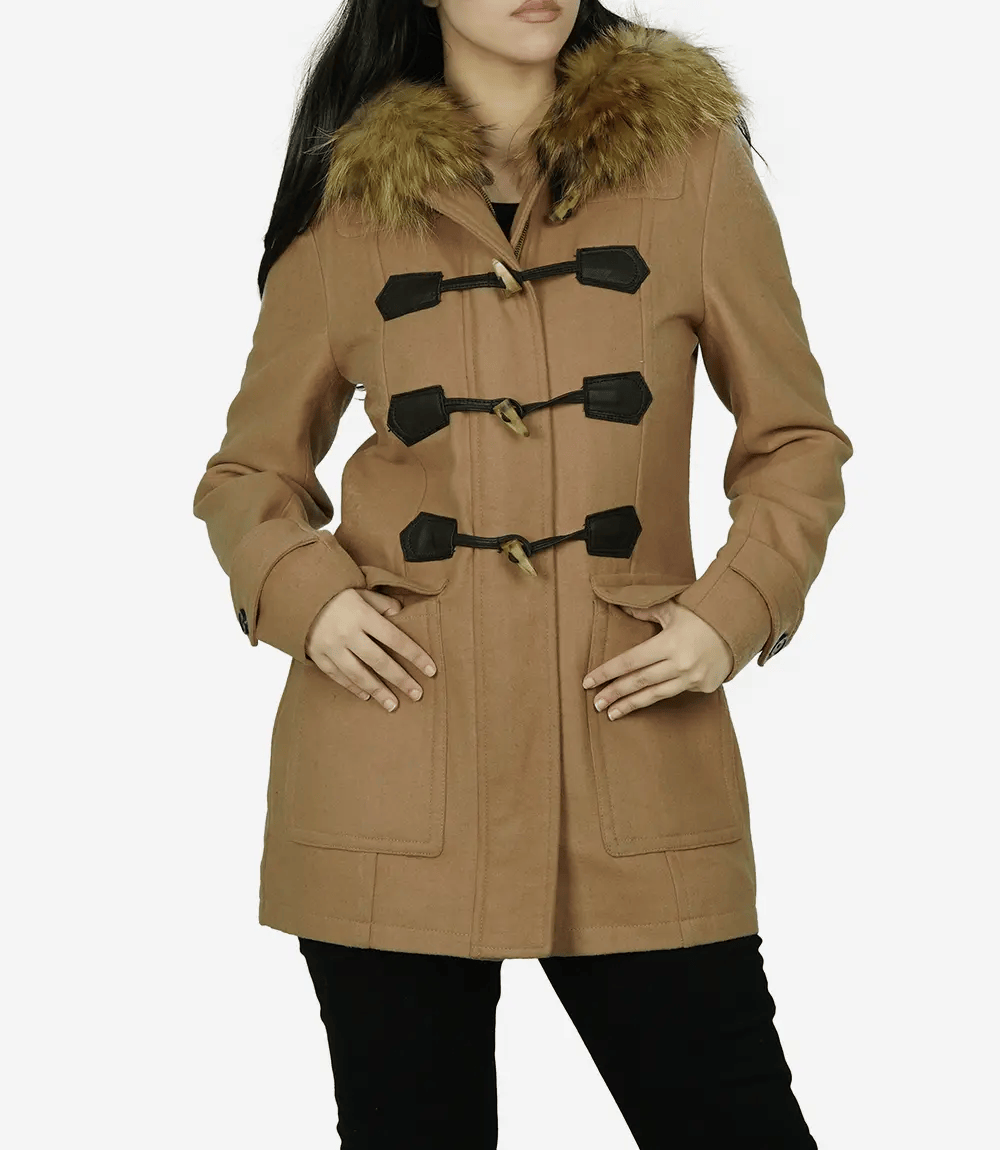 Women's Camel Hooded Shearling Wool Coat