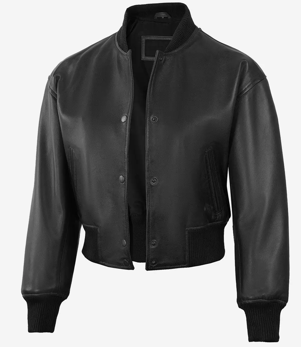 Women's Black Snap Julee Leather Bomber Jacket