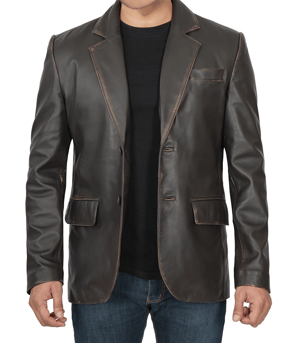Men's Dark Brown Rub Off Leather Blazer