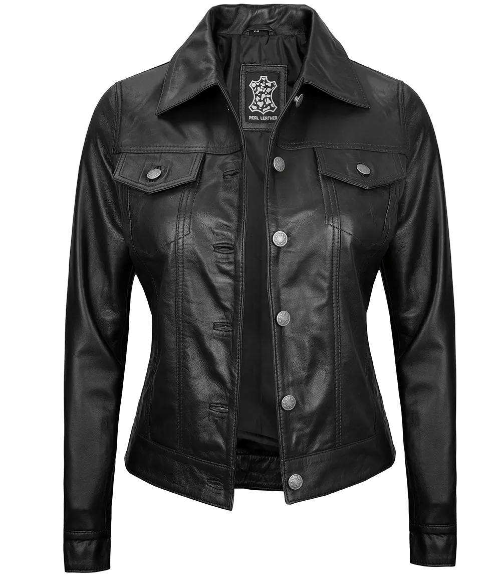 Women Black Trucker Leather Jacket