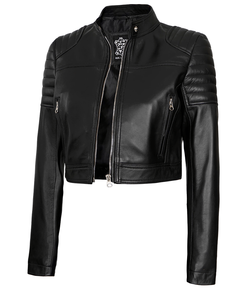 Edna Black Cropped Leather Jacket Womens
