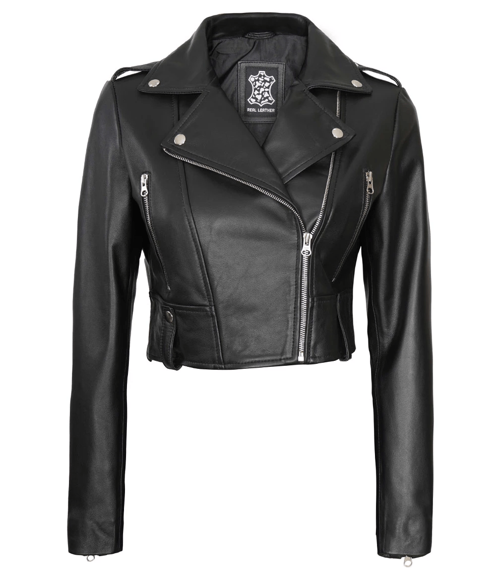Women's Black Cropped Leather Biker Jacket