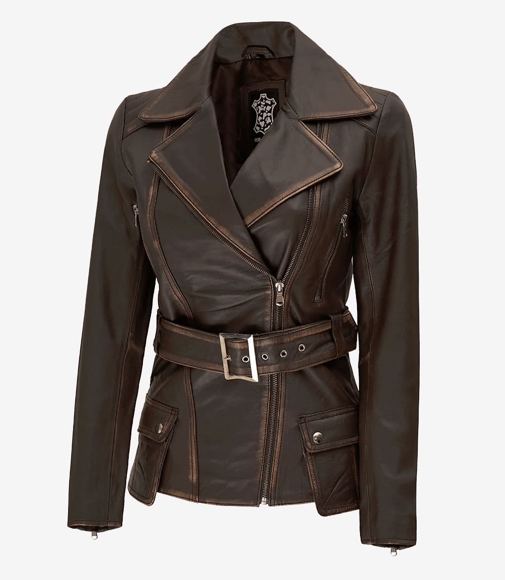 Women's Brown Belted Leather Jacket