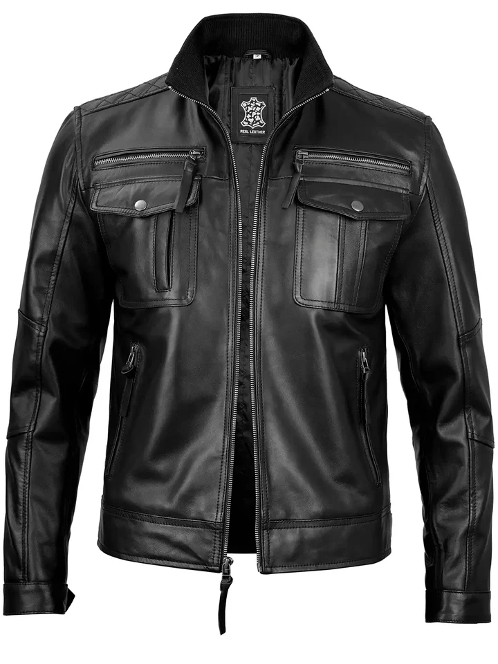 Moffit Men's Black Genuine Leather Cafe Racer Jacket