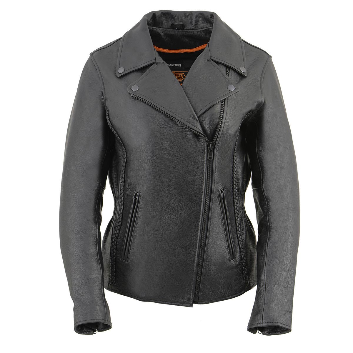 Women's Braided Black Leather Motorcycle Rider Jacket