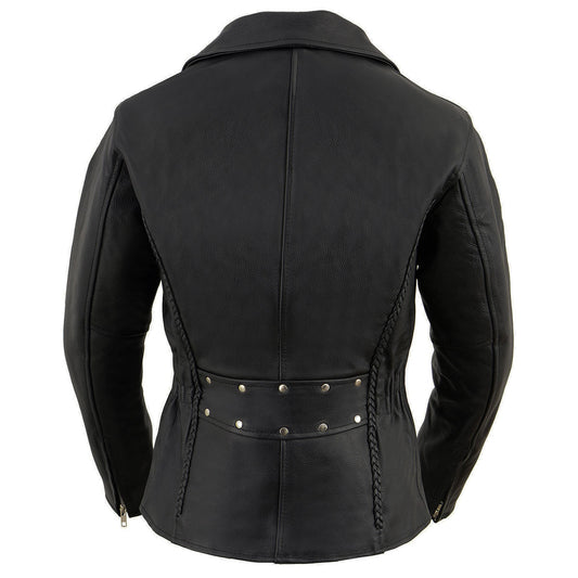 Women’s Braided Black Leather Motorcycle Riders Jacket