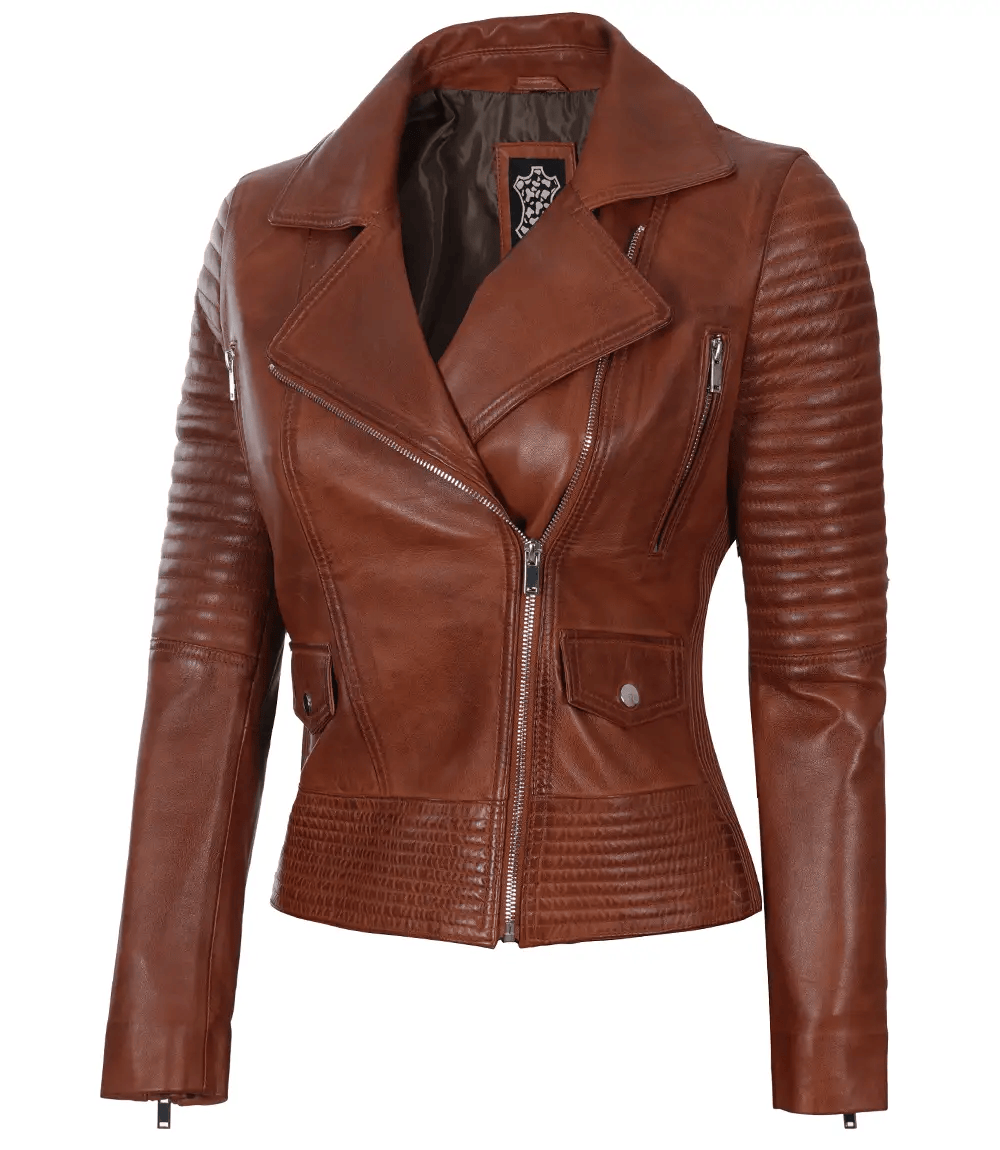 Women's Asymmetrical Cognac Wax Biker Leather Jacket