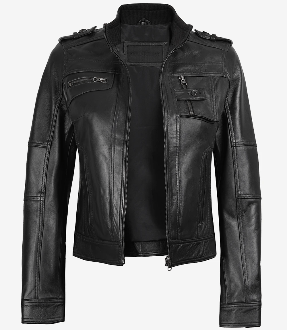 Women's Black Cafe Racer Real Leather Jacket